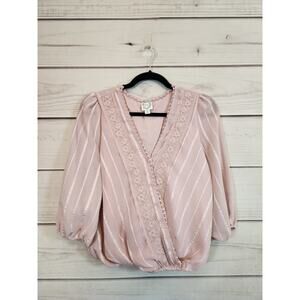 Blue Rain Women's Pink Solid 3/4 Sleeve V-Neck Lace Faux Wrap Blouse Size Medium